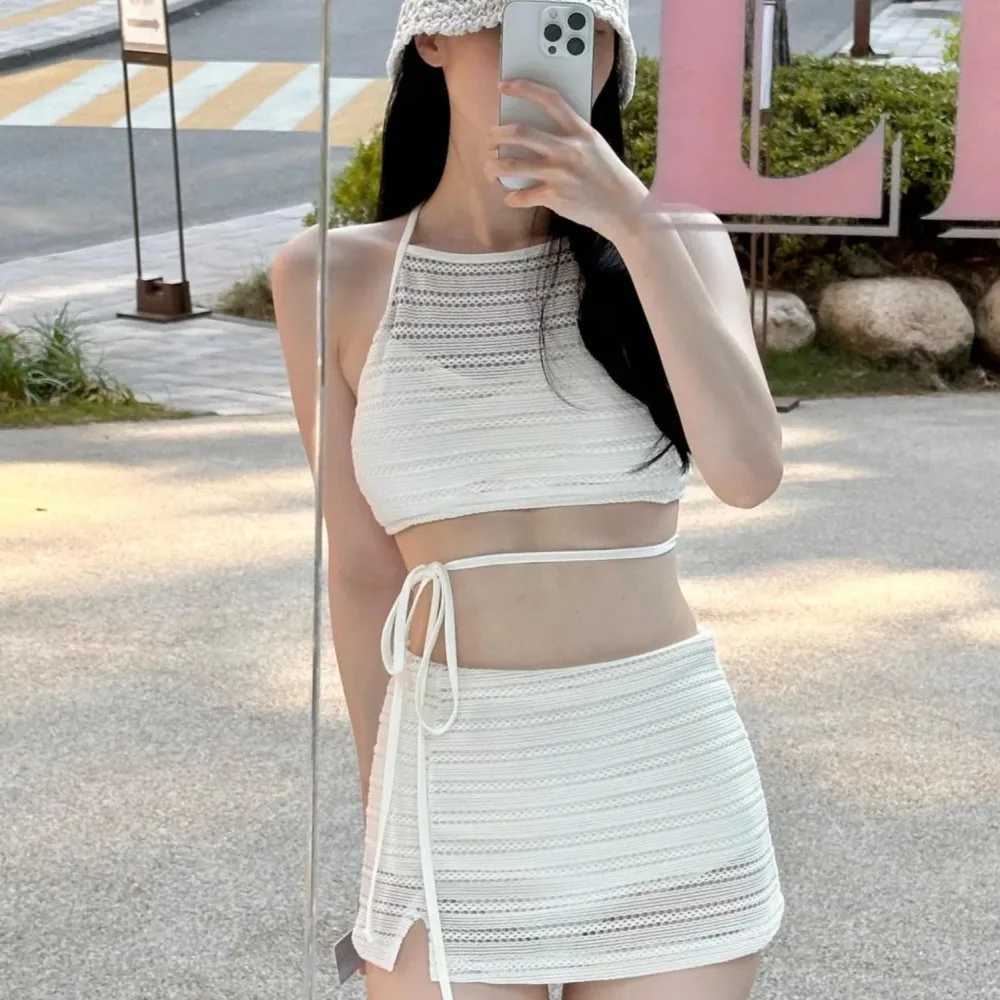 New Two Pieces Set Swimsuit Women White Swimwear Sexy High Neck Bikini High Waist Skirts Beach Wear Knitting Bathing Suit KoreanXJ250120