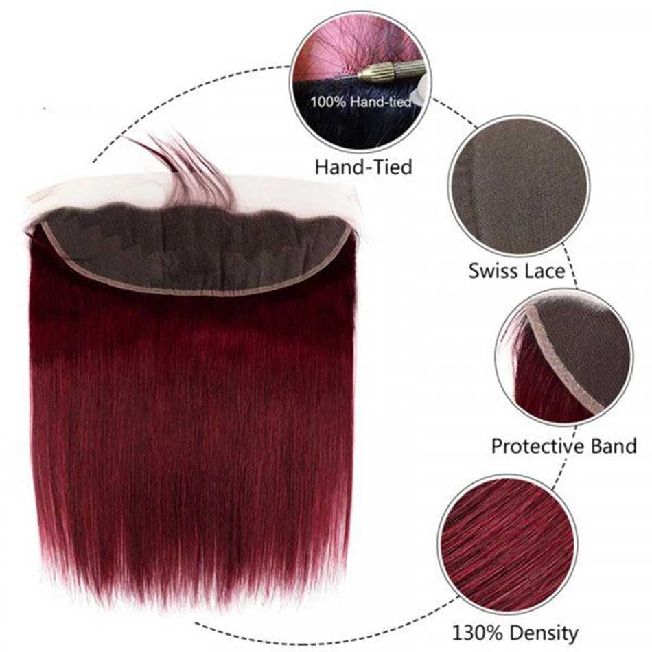 Straight Hair Bundles with Frontal 99j Burgundy Red Wine Color 100% Unprocessed Human Hair Weaves 3 Bundles with 13x4 HD FrontalXJ250120