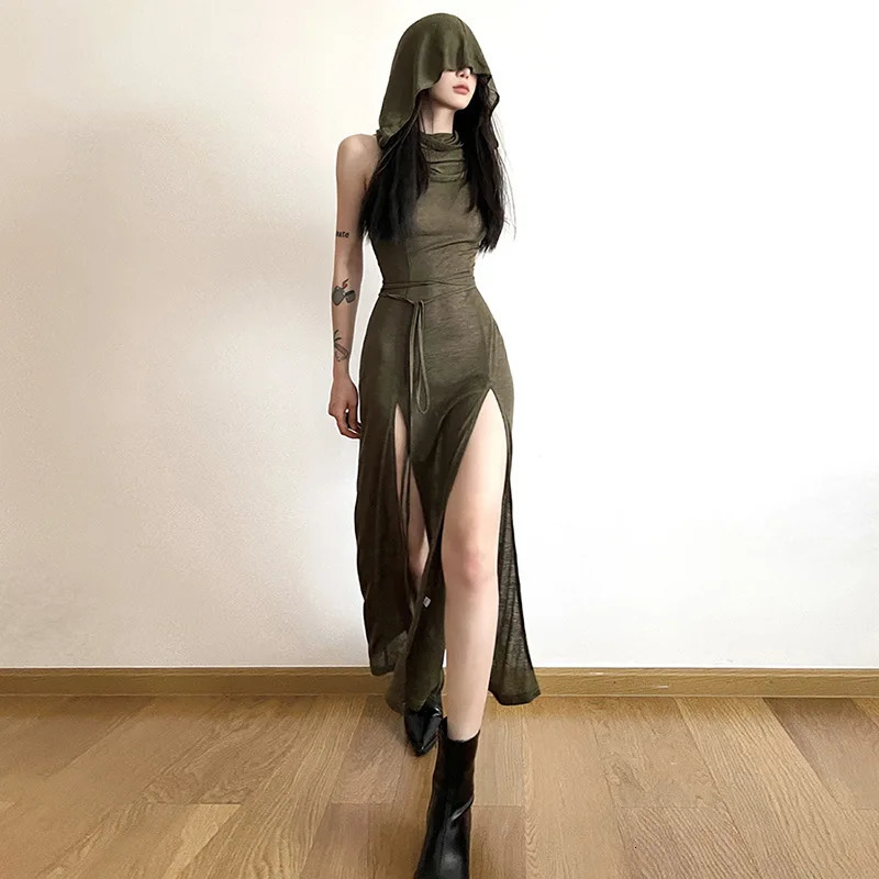 Goth Dark Cyber Gothic Desert Walker Hooded Dresses Y2k Punk Grunge Hollow Out Midi Dres Sexy Split Side Solid Streetwear 250121