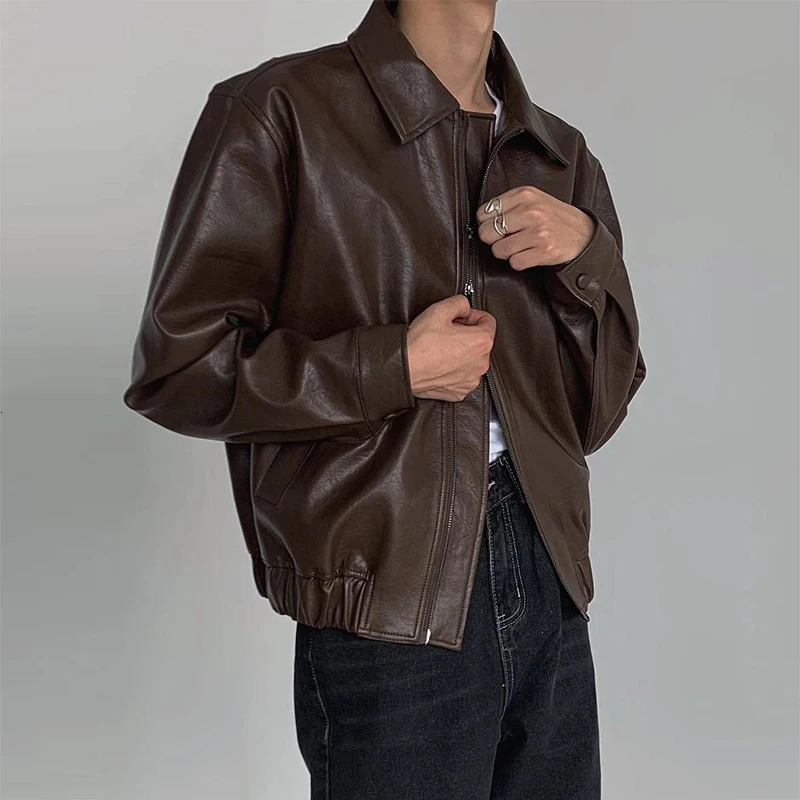 Vintage PU Leather Jackets Men Autumn Fashionable Solid Color Lapel Zip-up Leather Coats Men Stylish Loose Long Sleeve PU Jacket 250120