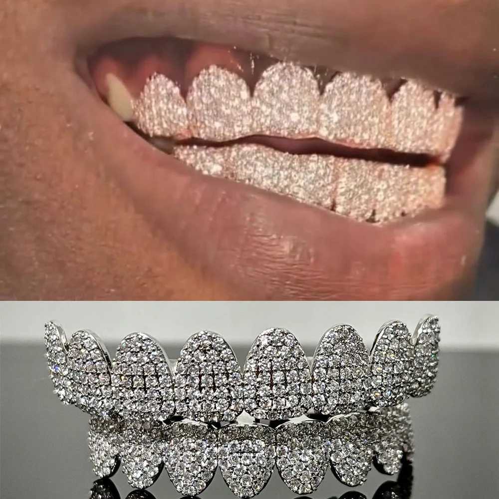 RACHELZ 8/8 Full Iced Out CZ Stone Teeth Caps For Women Men Braces Hip Hop Shiny Zircon Tooth Grills Punk Rapper JewelryXJ250114