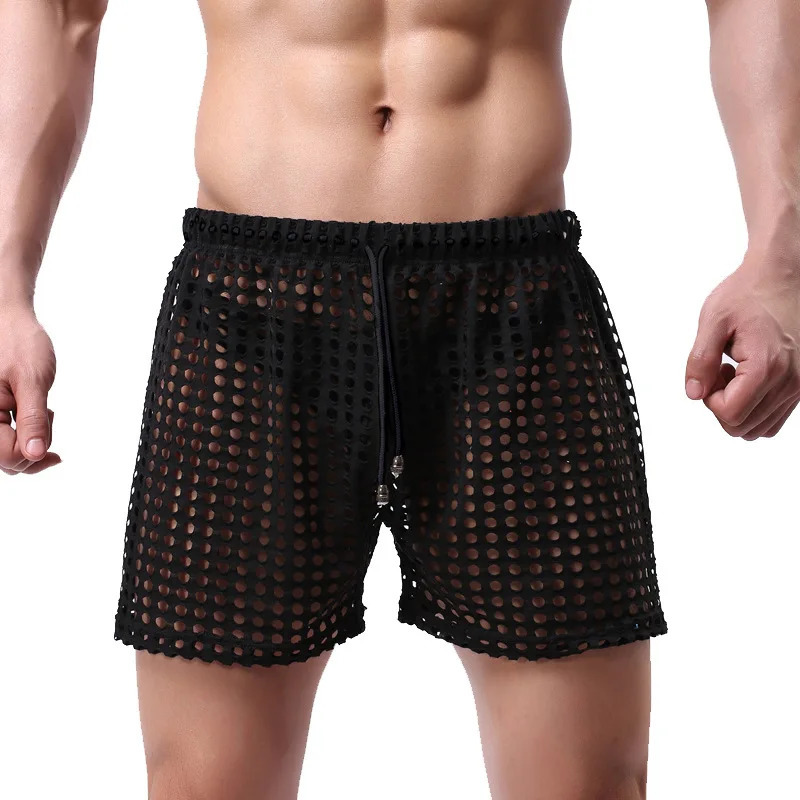 Mens Sexy Big Mesh Hollow Out Boxer Shorts Men Leisure Household Transparent Nets Board Shorts 250117