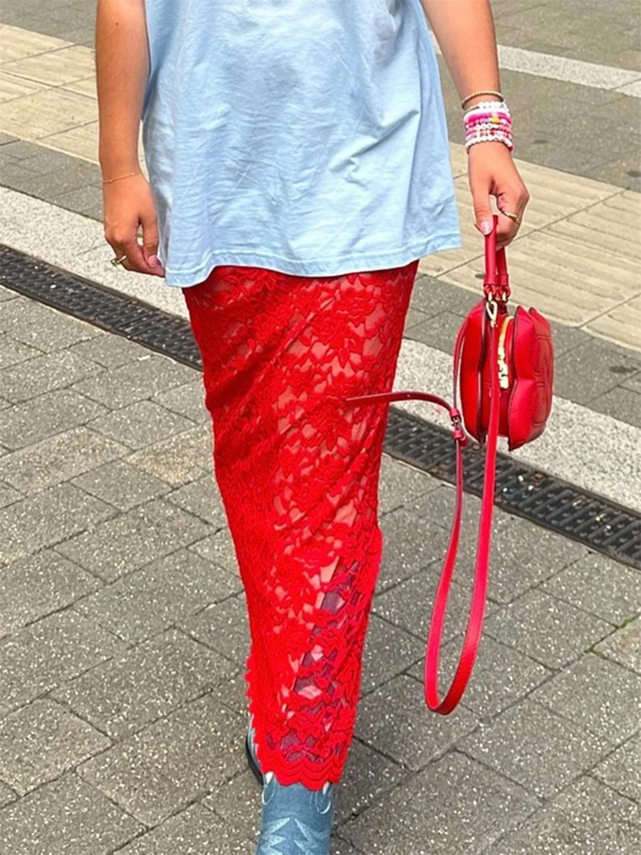 Womens Vintage Lace Jacquard Long Skirts Elegant Loose Low Waist Solid Color SeeThrough Midi Fit Y2K Streetwear 250110Z
