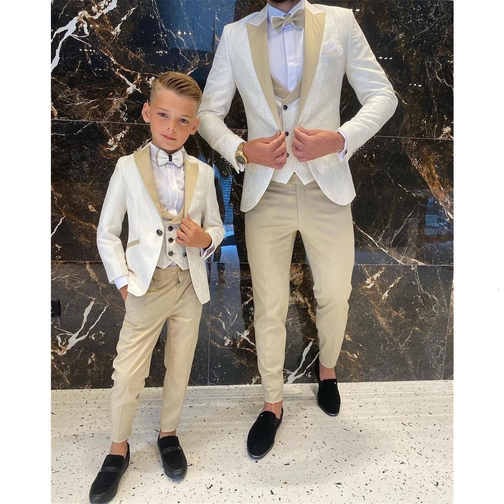 Child Suits 3 Pieces JacketVestPants Wedding Suit Groom Beige Floral Tuxedo Slim Fit Boys Prom Groom Full Gentleman Costume 250120