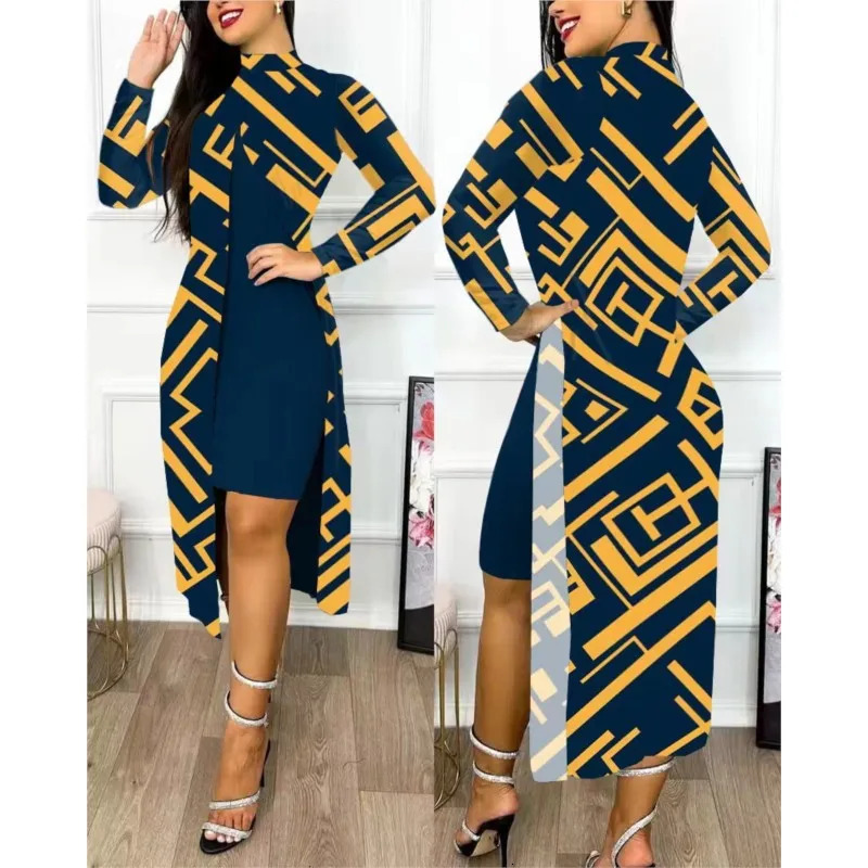 Two piece womens printed dress set full sleeve semi high neck split open front elegant firstline office ladies 250122