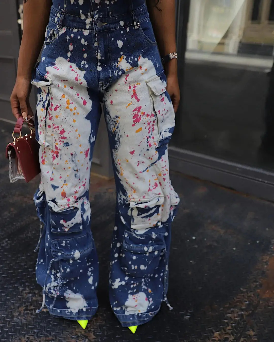 CM.YAYA Women Graffiti Multi Pocket Denim Cargo Safari Wide Leg Straight Jumpsuit Autumn One Piece Suit Romper Playsuits 250109