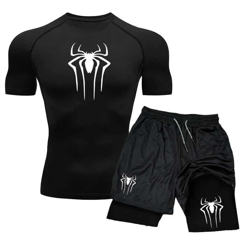 New compression set spider print sportswear mens quick drying gym shorts+shirt 2PCS quick drying short sleeved training sportswear X250129