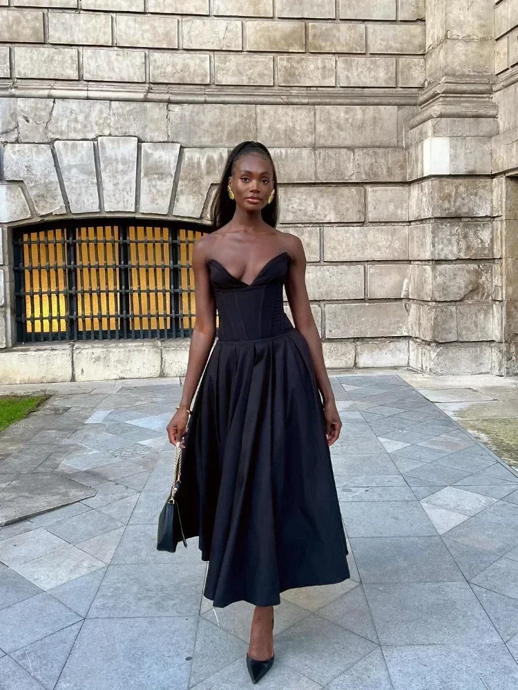 Suninheart Black Elegant Wedding Events Dress Sexy Strapless Corset Midi Christmas Party Dresses for Women Clothing 2023 250121