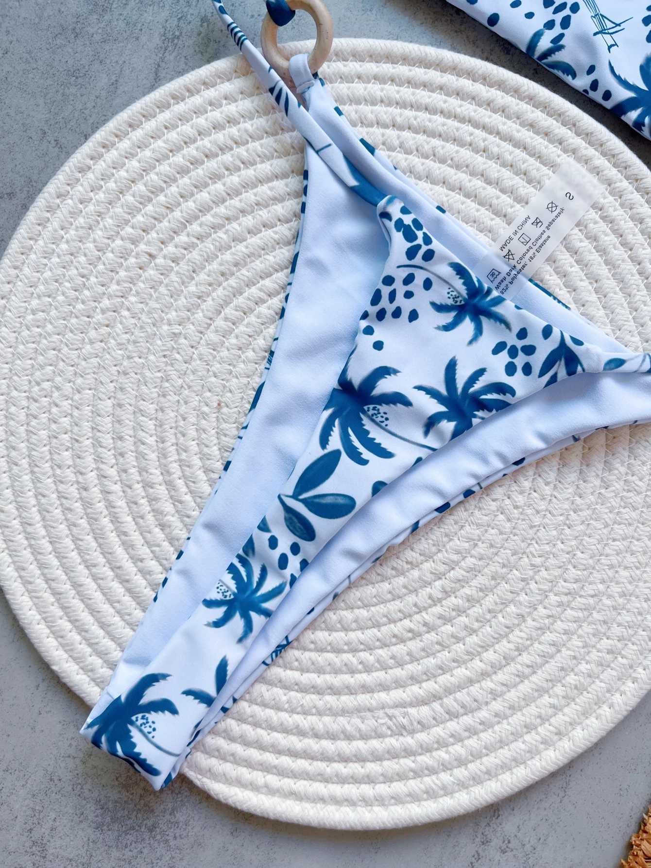 RUOTONGSEPT Women Swimsuit Knitted Bikini Set Sexy Blue White Print Split Swimsuit Bikini Brazilian Triangle SwimwearXJ250120