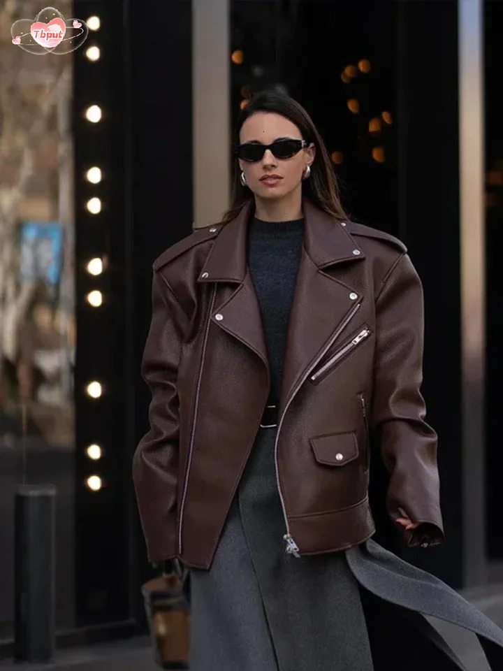 Chic Lapel Collar Leather Zipper Womens Jacket Casual Long Sleeved Vintage Outerwear Autumn Solid Color Female Streetwear 250122