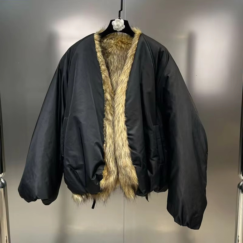 2024 Warm Double Sided Parka Long Sleeve Faux-Fox Fur Women Fashion Oversized Outwear Female Fluffy Jacket