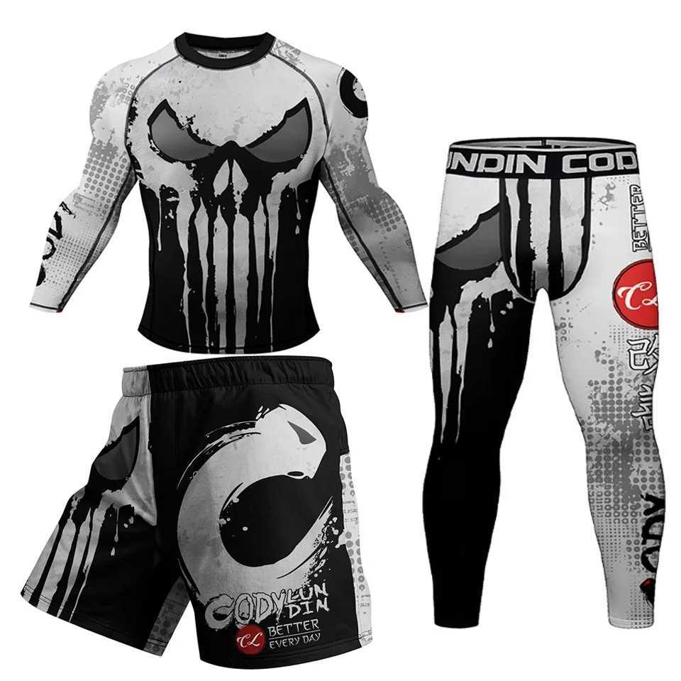 Jiu jitsu Rashguard Mens MMA Boxing T-shirt+Pants Set Compressed Rash Guard Sportswear Bjj Taekwondo Shirt Muay Thai Shorts X250129