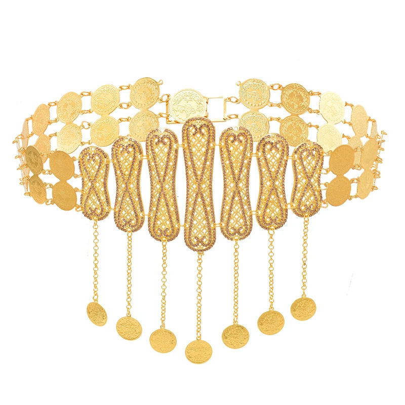 Rhinestones Women Body Chains Bohemian Ethnic Gypsy Coins Tassels Waist Chains Glossy Metal Bilayer Carved Belly Dance Chains 250117