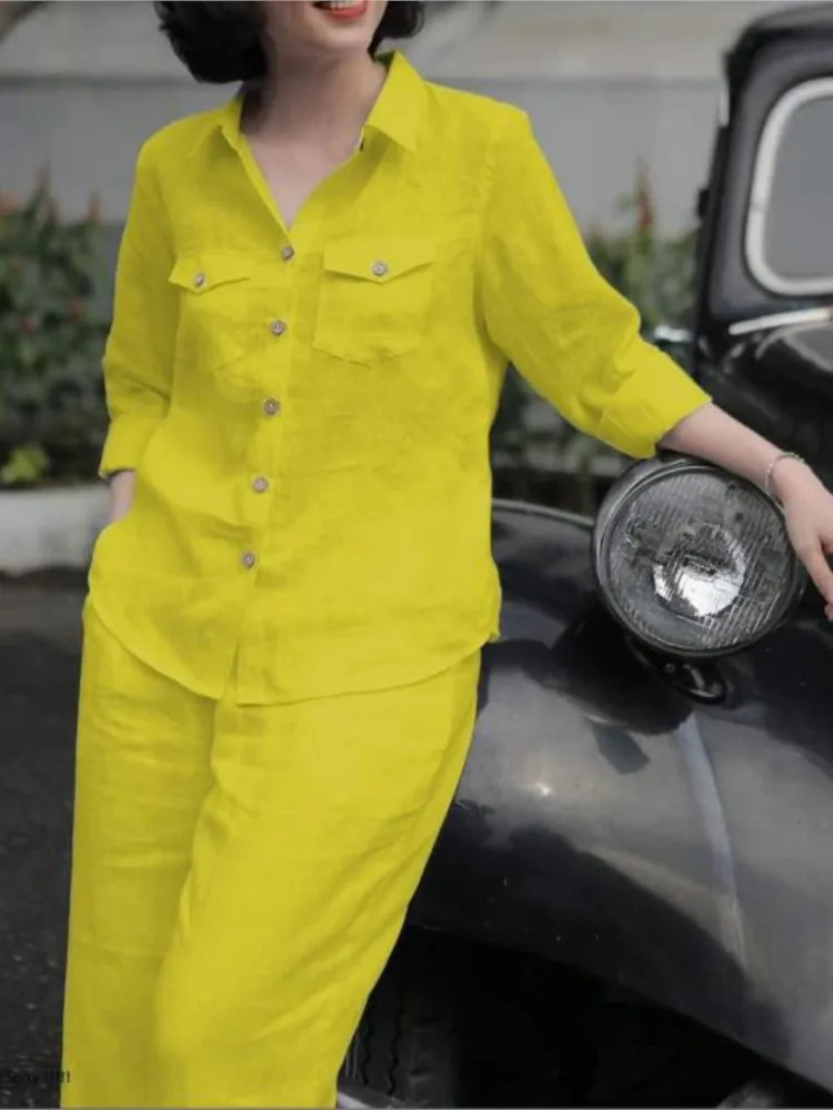 Womens Elegant Lapel Neck Long Sleeve Shirt Pants Sets 2PCS Fashion Autumn Outifits Solid Work Trousers Suits Tracksuit 250118