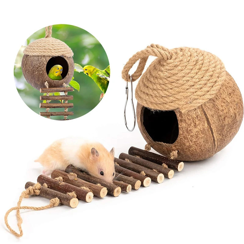 Coconut Birdhouse Hut With Ladder Hemp Rope Roof Natural Material Firm Stable Small Animal Cage Habitat Decoration Pet Supplies 250121