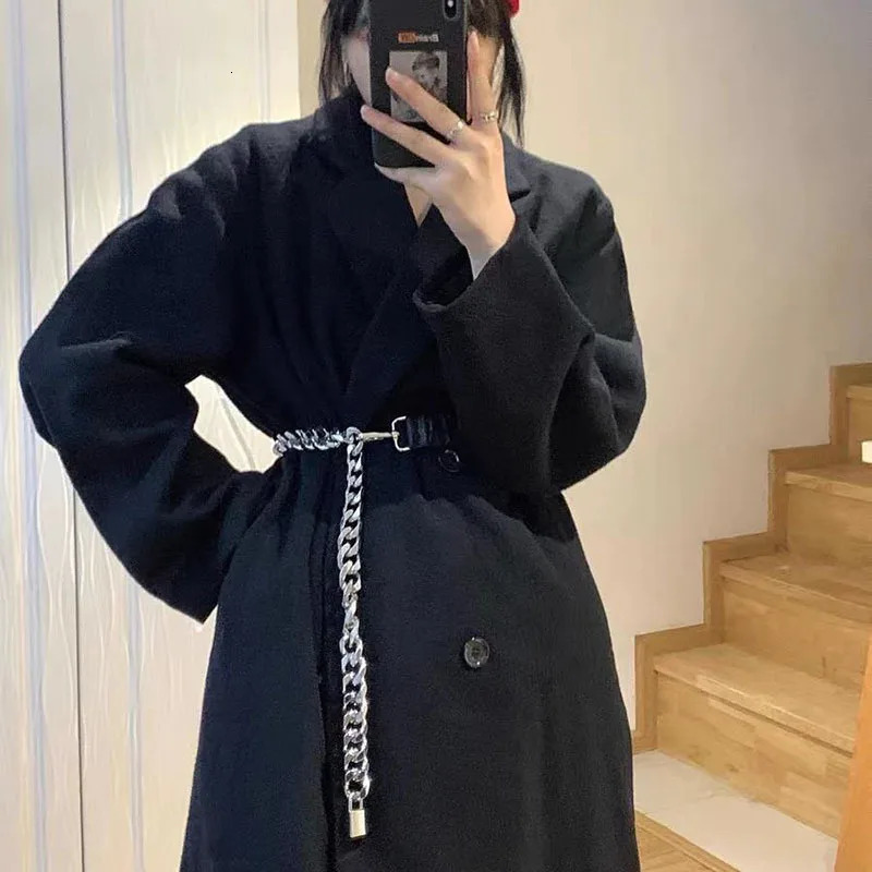 Fashion lock head elastic belt European and American personality metal leather chain splicing waist chain women 250117