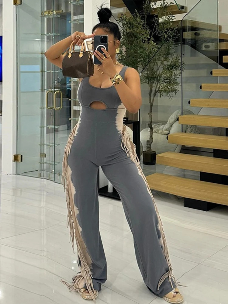 Womens High Street Strapless Jumpsuit with Tassel Summer Ladies Stretchy Jumpsuit Sleeveless Tank Collar Sexy Long Jumpsuits 250109