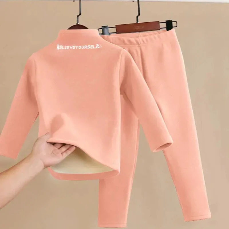 2-Piece Autumn Winter Fleece Childrens Turtleneck Warm Home Clothes Set Boys Girls Letter Print Pajamas and Pajama Pants Set 250113