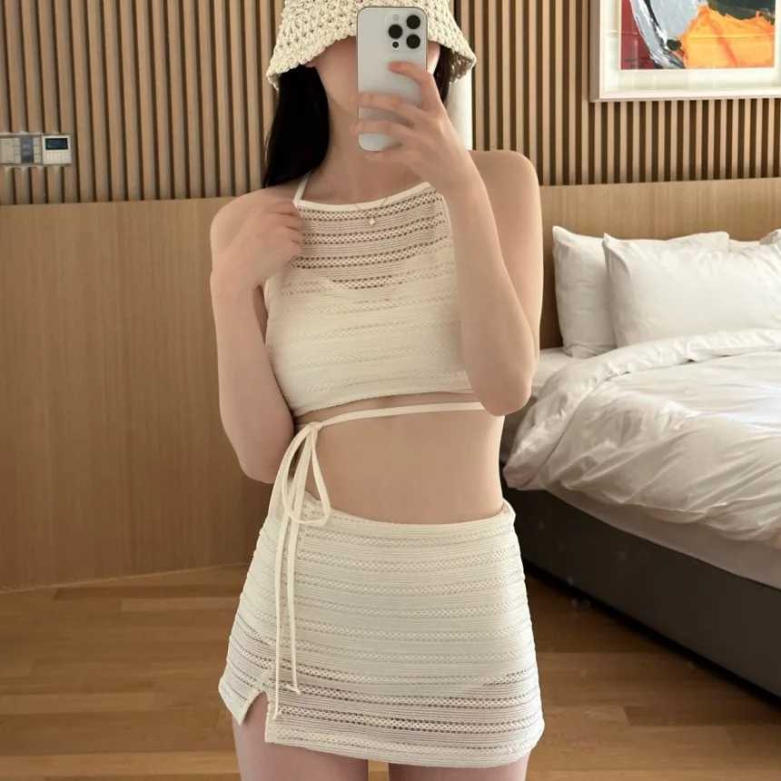 New Two Pieces Set Swimsuit Women White Swimwear Sexy High Neck Bikini High Waist Skirts Beach Wear Knitting Bathing Suit KoreanXJ250120