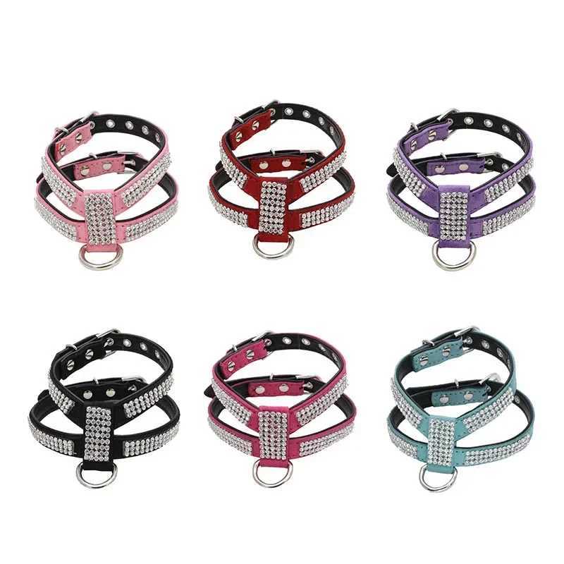Dog Collar pet chest strap Adjustable Pet Products Necklace Dog Harness Leash Quick Release Bling K-shaped Rhinestone PU Leather X250129