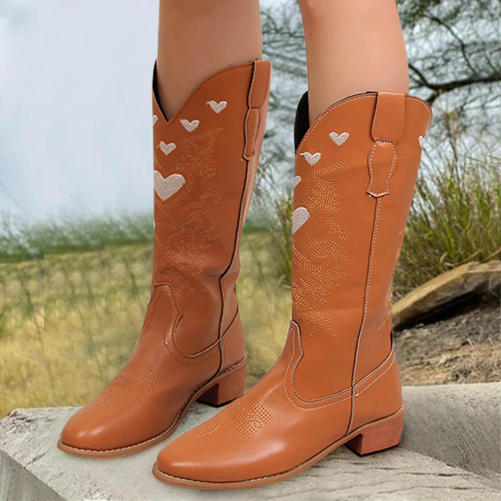 Pure Embroidered Thick Boots Style Fashion Love Womens Ethnic Color Bottom womens boots Rain Mid Calf 250117