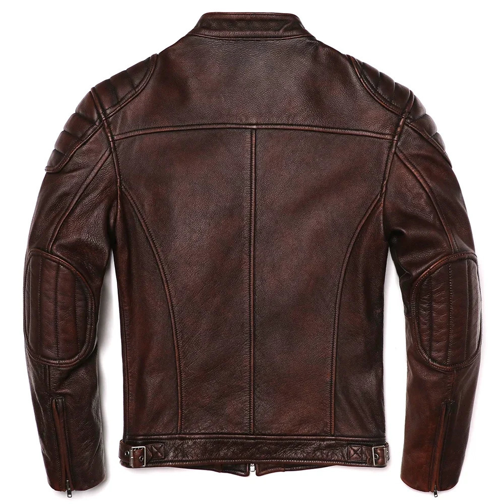 Vintage Brown Genuine Leather Jacket Real Natural Cowhide Men Motorcycle Biker Coat Mens Slim Calf Skin 250110