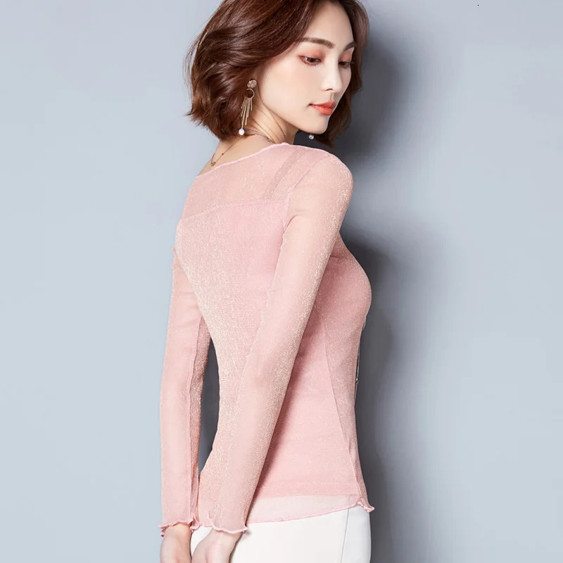 Glitter Mesh Blouse Sexy Womens Shirts Long Sleeve Tops Korean Black Pink ONeck Elegant Slim Blouse Camisas Femininas 250121