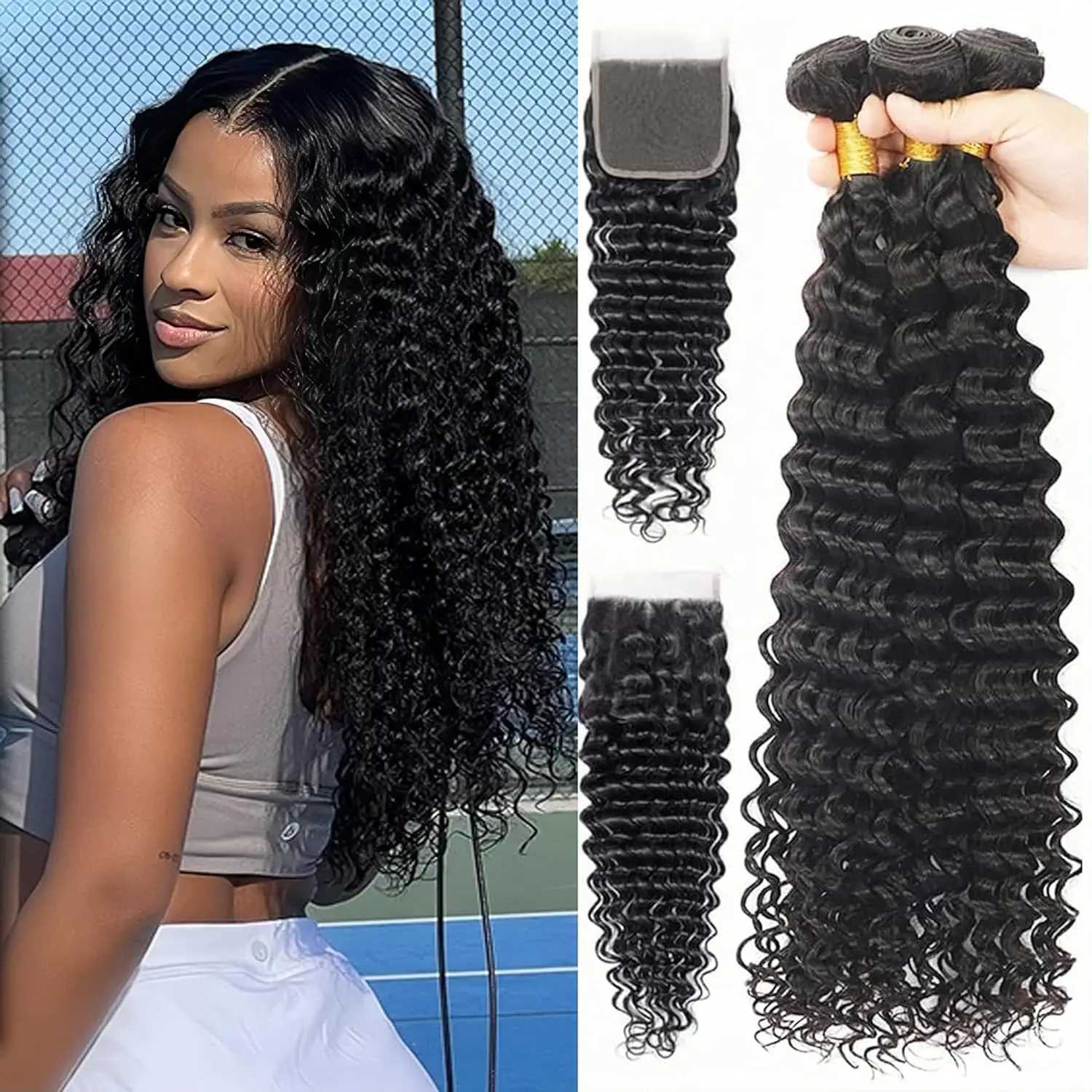 Bundles with Clo Deep Wave Brazilian Virgin Hair 3 Bundles with 4x4 HD Lace Clo With Baby Hair Natural Color Deep CurlyXJ250120