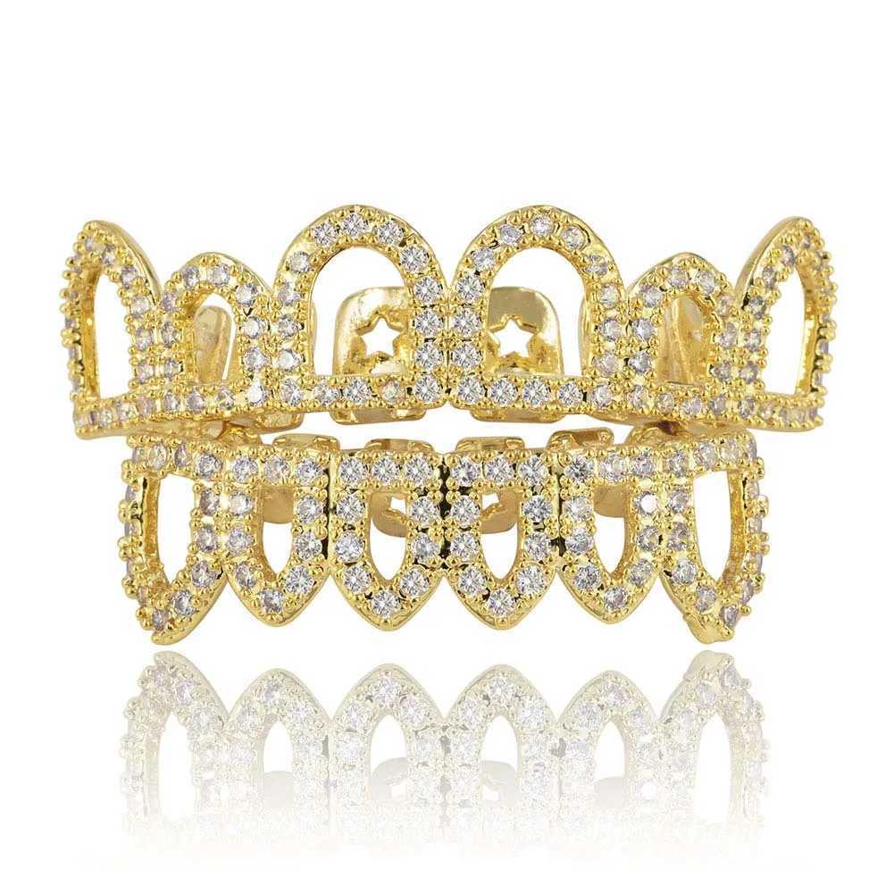 Hollow Teeth Grillz Set For Unisex Top Bottom Iced Out Cubic Zirconia Stone Brass Material Hip Hop Cosply Jewelry For ManXJ250114