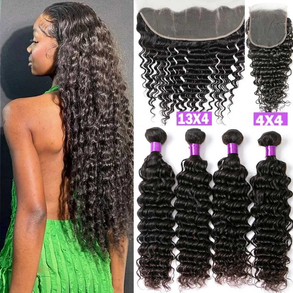 Deep Wave Human Hair Bundles With Clo 4x4 Lace Clos With Bundles Brazilian Hair Weave Bundles With Clo Remy HairXJ250120