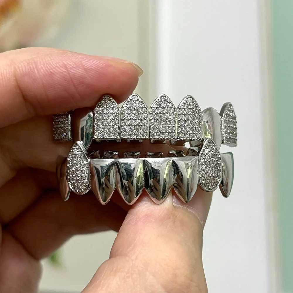 RACHELZ Fashion Glossy 8/8 Zircon Teeth Grillz Fangs Hip Hop CZ Stone Tooth Caps For Women Men Jewelry Halloween GiftXJ250114