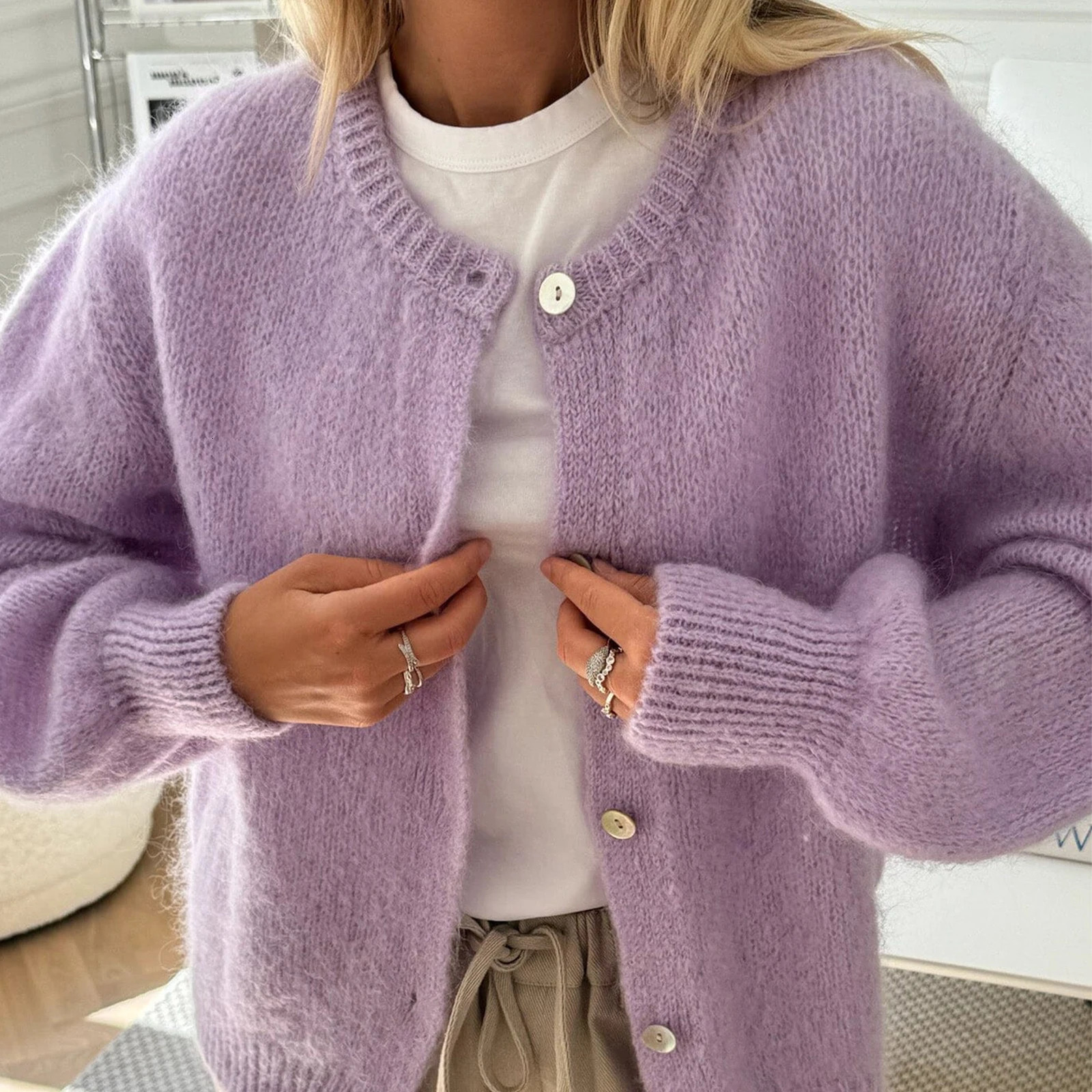 2024 Fashion Winter Womens Solid Color Cardigan Fuzzy Long Sleeve Button Down Sweater Soft Knit Tops Outerwear Loose Knitwear 250109
