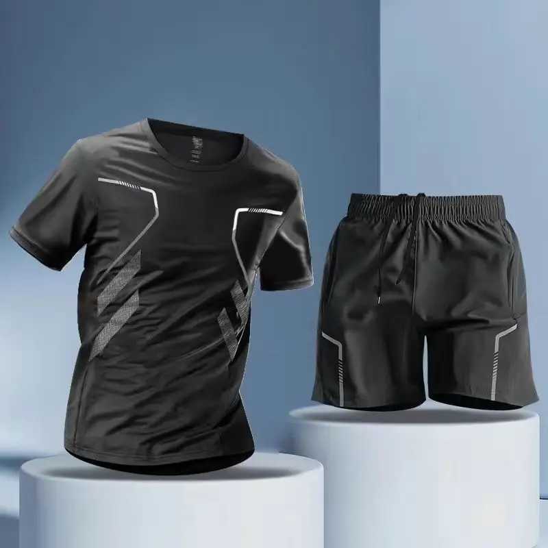 Summer Thin Leisure Ice Silk Thin Sports Set Men Round Neck Short Sleeved T-shirt Elastic Waist Shorts Running Quick Drying Suit X250129