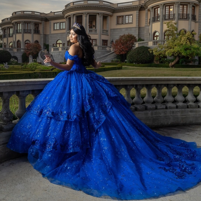 Royal Blue Quinceanera Dresses Ball Gown Off Shoulder Appliques Lace Beads Tull Corset Birthday Party Sweet 16 Dress Vestidos 15 De Anos