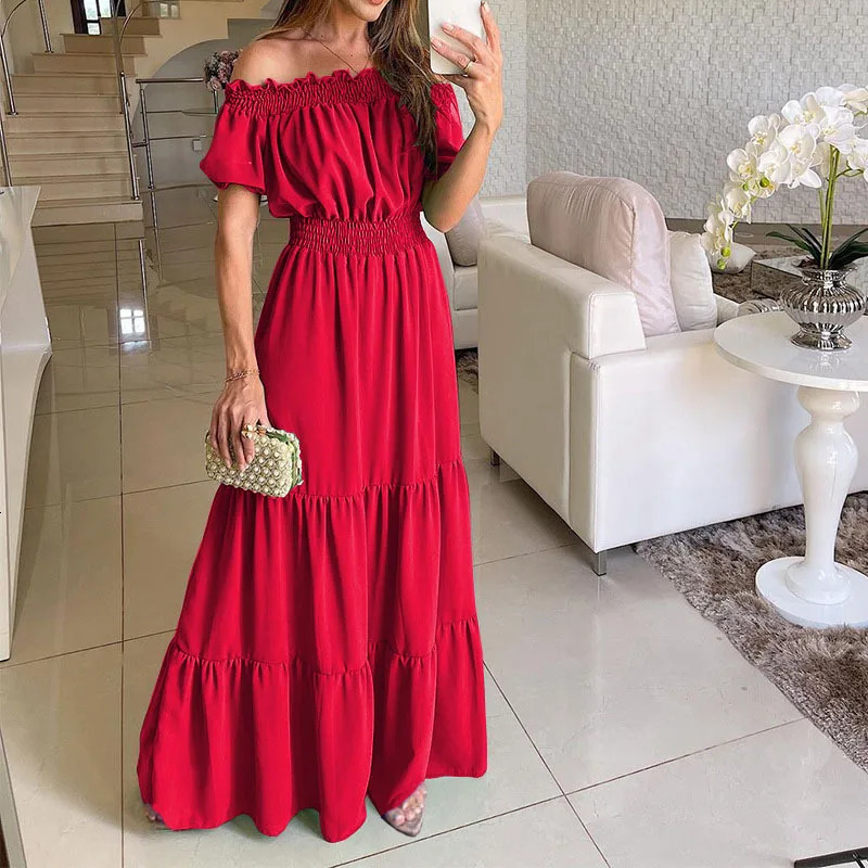 2025 Fashion Elegant Beach Party Dress Summer Solid Bohemian Short sleeved Long Skirt Ruffle Dress Womens Dress 250110