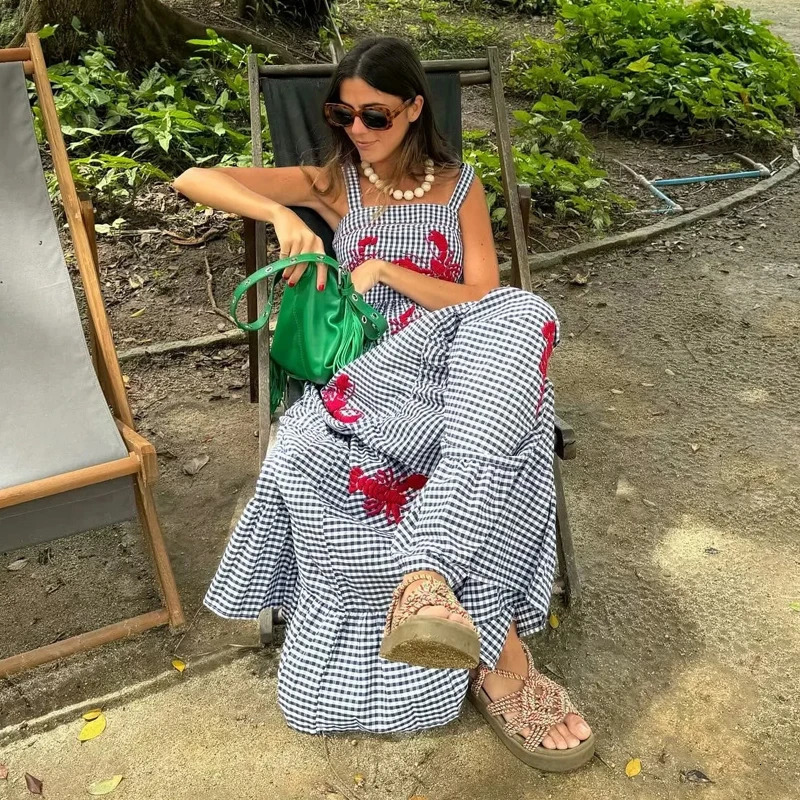 HXAO Women Ruffle Embroidery Slip Dress Sleeveless Plaid Dress Pleated Backless Beach Dress Holiday Woman Summer Dress 2024 250107