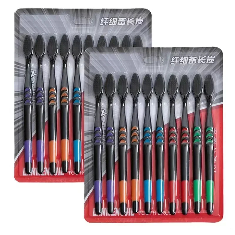 10 Pieces Packed Soft Bristle Bamboo Charcoal Black Hair UltraFine Beauty Toothbrush Couple Suit Oral Cleaning Tools y250115