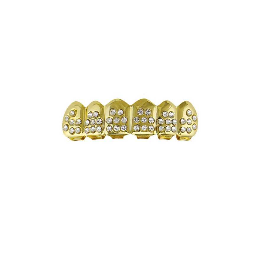 Gold Plated Iced Out CZ Teeth Grillz For Unisex Bling Full Zircon Pave Top Bottom Grills Set Punk Hip Hop Dental JewelryXJ250114