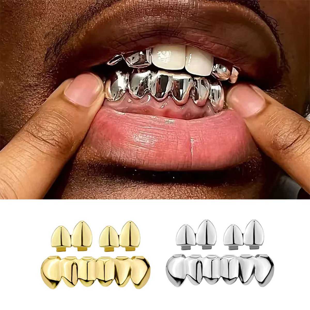 RACHELZ Hip Hop DIY Glossy Teeth Grillz Gold Silver Color Double Fangs Tooth Caps For Women Men Jewelry Halloween Cosplay GiftXJ250114