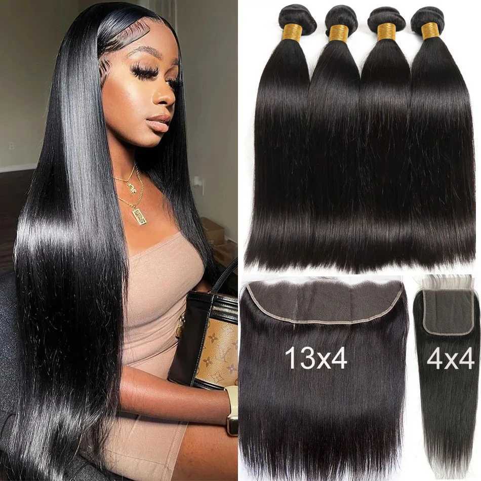 Bone Straight Human Hair Bundles With Frontal Clo 30 32 Inch Virgin Hair Weave Bundles With Clo Remy Hair ExtensionsXJ250120