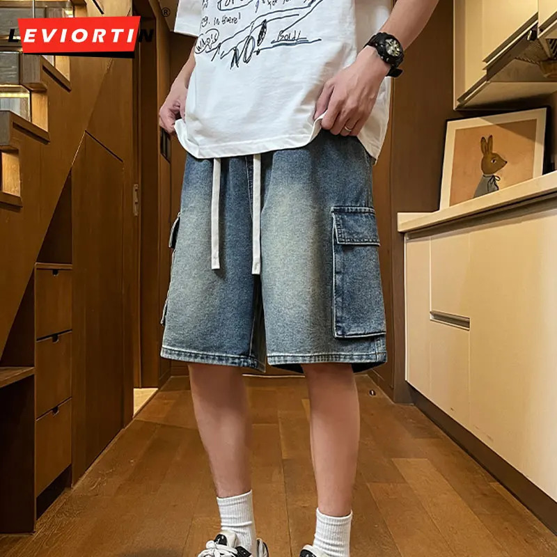 Mens Summer Style Loose Straight Work Denim Shorts Basic Versatile Multicolor Elasticated Washed Midlength 250113