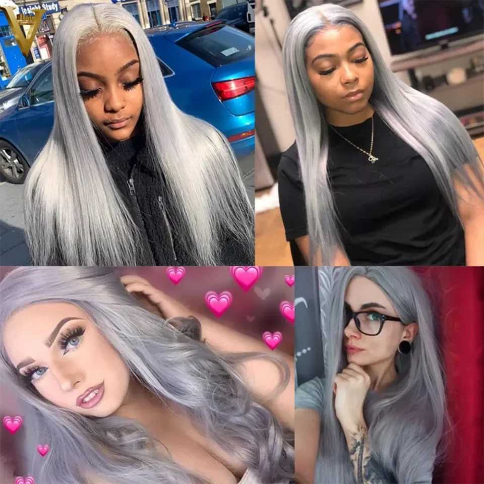 10-30 Colored Sliver Grey Straight Human Hair Bundles With Clo Frontal 100% Unprocessed Virgin 3/4 Bundles With CloXJ250120