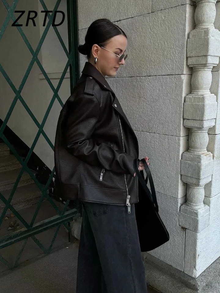 Elegant Turn Down Collar Women Jacket Chic Pu Leather Full Sleeve Female Coat Zipper Locomotive Autumn Loose Ladies Outwear 250122