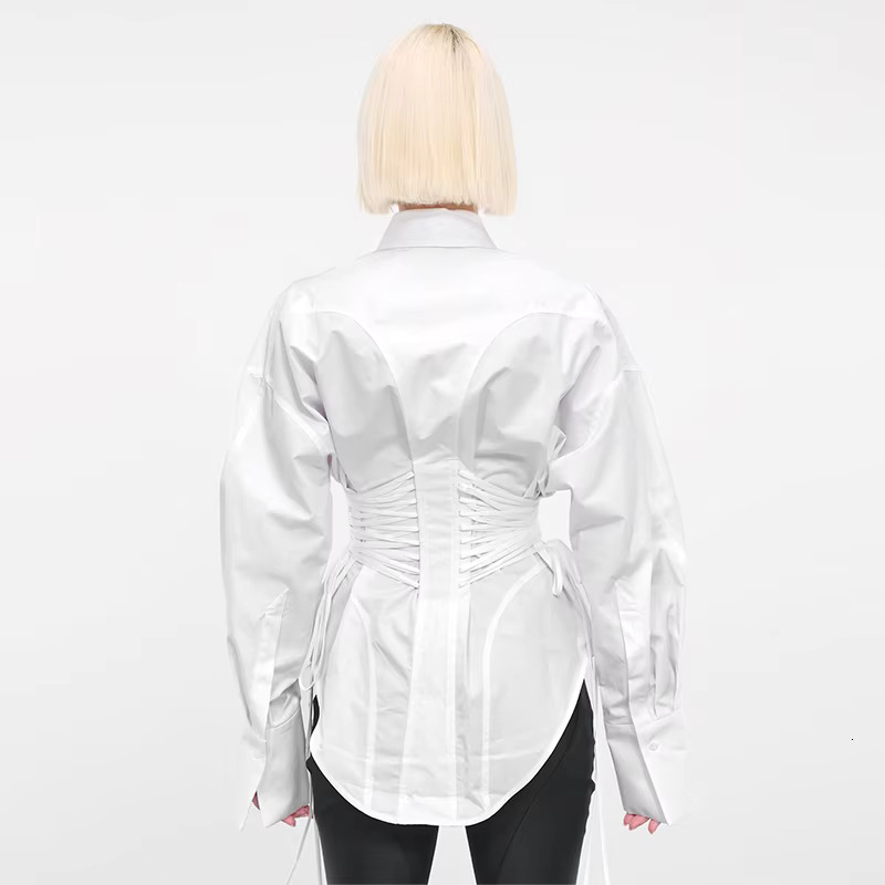 Solid Spliced Lace Up T Shirts For Women Lapel Long Sleeve Patchwork Single Breasted Fashion Top Female Clothing