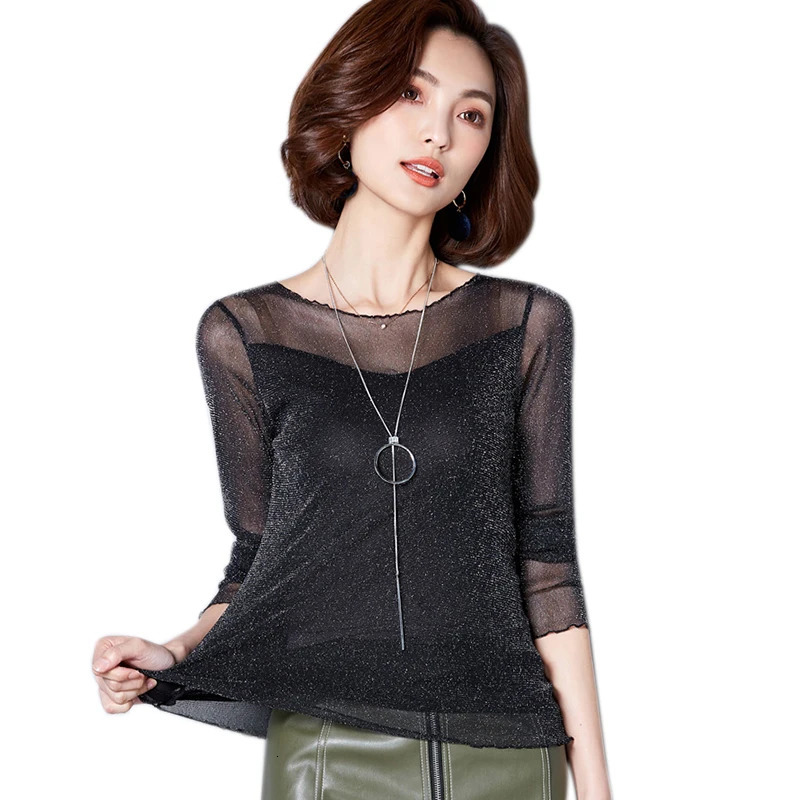 Glitter Mesh Blouse Sexy Womens Shirts Long Sleeve Tops Korean Black Pink ONeck Elegant Slim Blouse Camisas Femininas 250121