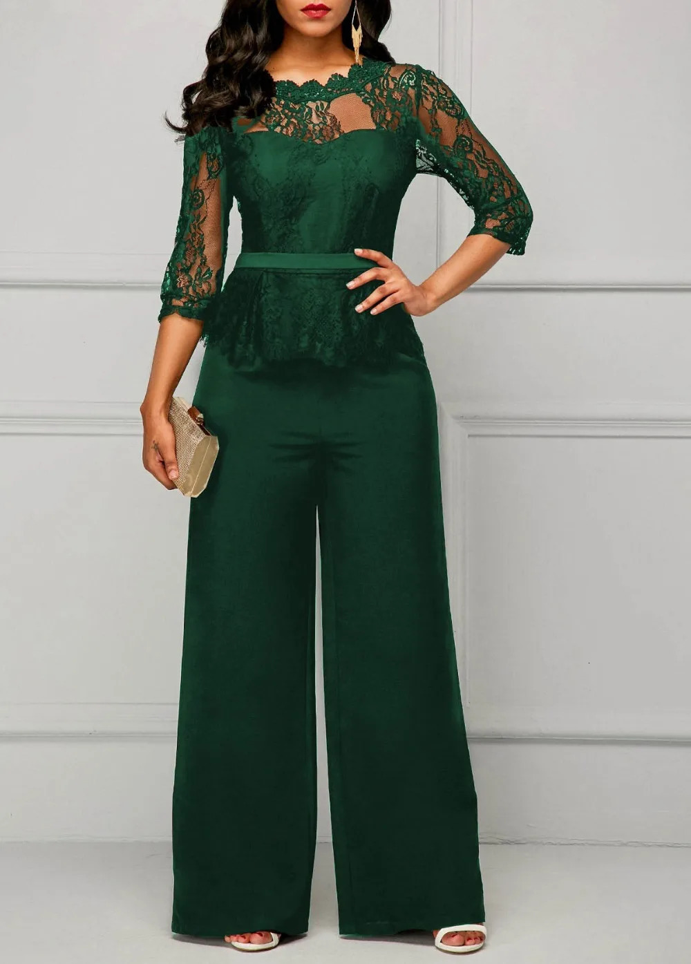 Elegant Sexy Jumpsuits Women Long Sleeve Lace Patchwork Jumpsuit Loose Trousers Wide Leg Pants Rompers Holiday Black Overalls 250109