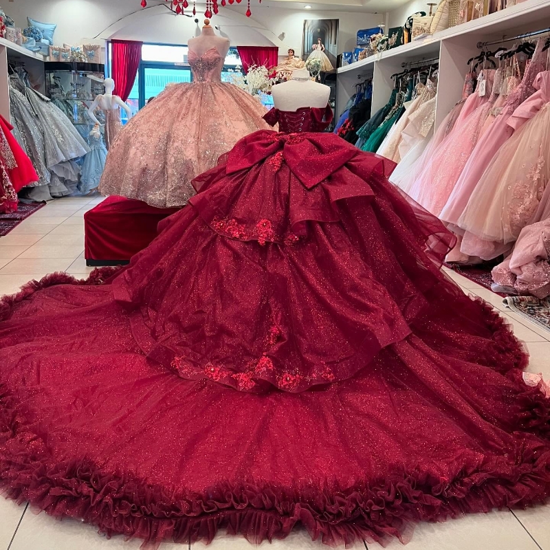 Red Shiny Quinceanera Dresses Ball Gown Off Shoulder Appliques Lace Beading Crystal Bow Tull Tiered Birthday Party Sweet 16 dress Vestidos15 Anos