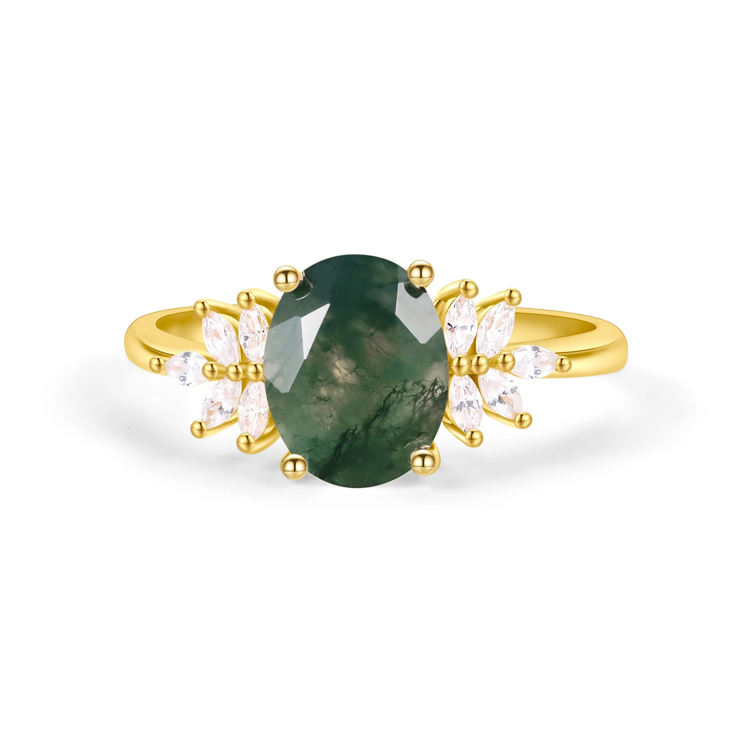 GEMS BALLET Vintage Green Moss Agate Art Deco Cluster Promise Ring Unique Curved Wedding Band Ring Set 925 Sterling Silver 250121
