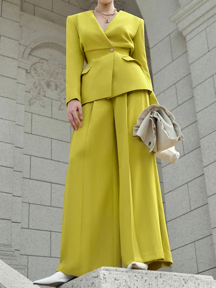 LANMREM Elegant Suits 2 Set For Women Gathered Waist Blazers High Pleasted Wide Leg Pants Fashion 2025 26D8939 250114