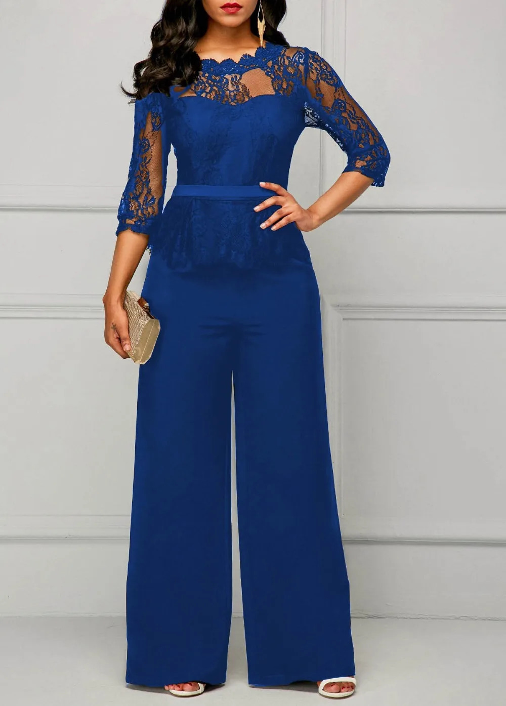 Elegant Sexy Jumpsuits Women Long Sleeve Lace Patchwork Jumpsuit Loose Trousers Wide Leg Pants Rompers Holiday Black Overalls 250109